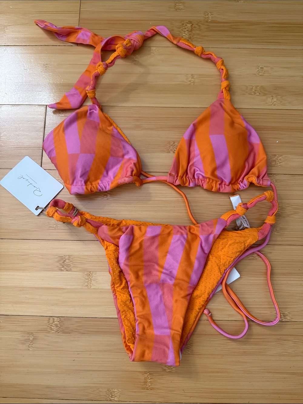 Reversible Striped Orange & Pink Triangle Bikini Top and Bottom Set